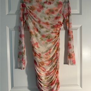 Floral Ruched Bodycon Dress with Bishop Sleeves